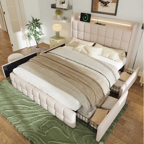 Bett Doppelbett Stauraum 160x200 LED USB Beige OKMYHOME (1/5)