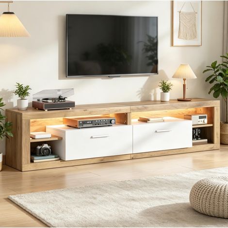 Meuble TV 180cm avec éclairage LED – 4 compartiments ouverts et 2 portes – bois et blanc,Style moderne et élégant (1/5)
