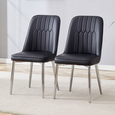 Set di 2 sedie da pranzo in ecopelle e metallo con schienale, stile moderno, nero e argento (1/5)