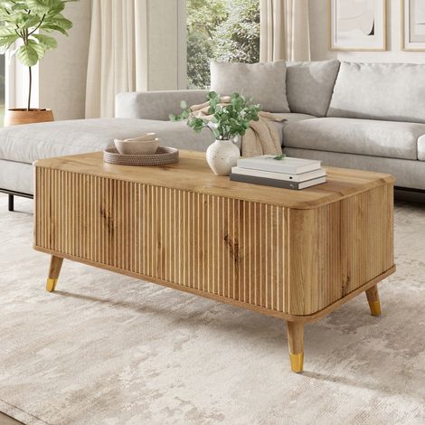 Tavolino da caffè sollevabile moderno retrò, struttura ondulata, effetto legno, MDF naturale (1/5)