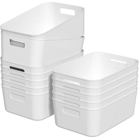 Panier de rangement en plastique, lot de 12 paniers empilables avec poignées pour cuisine, placard, bureau (Blanc) (1/5)