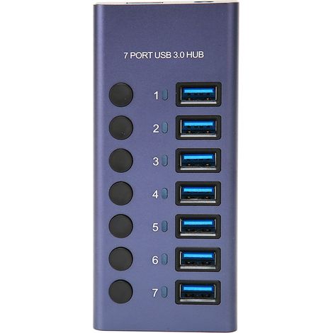 7-Port-USB-3.0-Hub, 5 Gbit/s, 5 V, 2,4 A, 36 W, mit separaten Netzschaltern und LED-Anzeigen. USB-3.0-Dockingstation für PCs und Smartphones. EU-Stecker, 100–240 V. (1/5)