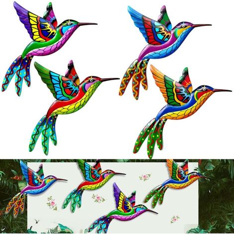 4 pièces Decoration Murale Metal, Déco murale Colibri, Décoration Murale en Fer Forgé Colibri, Ornements Suspendus Métal Oiseaux, Mur Art Décor Intérieur Extérieur, Coloré Colibri Sculpture (1/5)