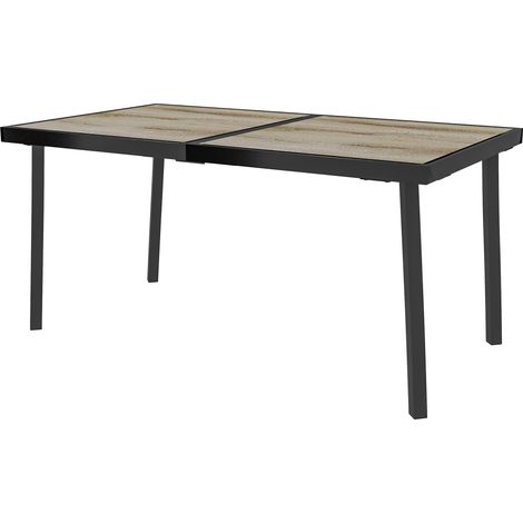 Rechteckiger Gartentisch für 6 Personen, Tischplatte in Holzoptik, Stahl und PSPC, 145 x 85 x 72 cm, Grau