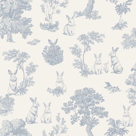 Papier peint lapin toile de Jouy bleu blanc (1/2)