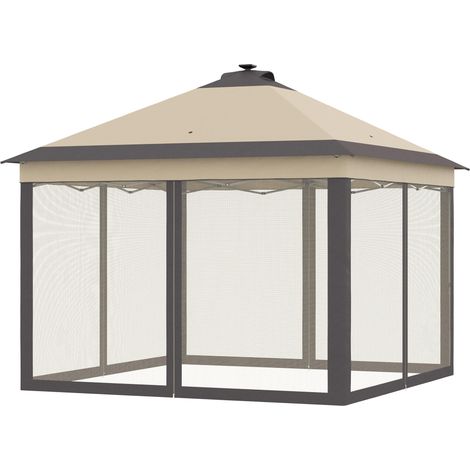 Carpa plegable con luces LED 3,3x3,3 m cenador de jardín con control remoto y 4 mosquiteras altura ajustable beige (1/5)