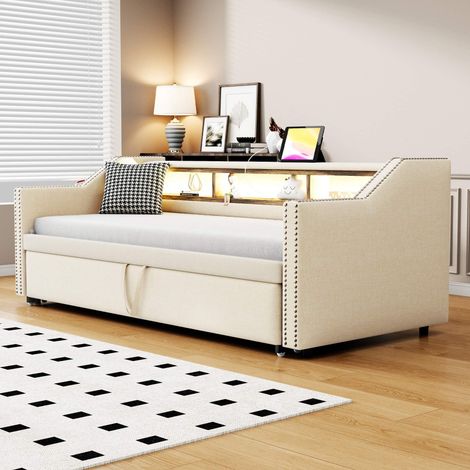 Lit gigogne 90x190 cm beige, canapé-lit extensible 180x190 cm, LED, USB, rangements, sommier à lattes inclus (1/5)
