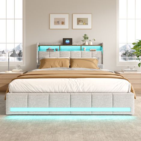 Pergar – Lit adulte 140x190 en lin beige – Lit capitonné avec 4 tiroirs de rangement – LED réglables et chargement USB – Capacité 300 kg (1/5)