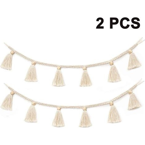Lot de 2 guirlandes à franges en macramé tissé en coton, idéales pour une décoration murale bohème ou une chambre d'enfant. (1/4)