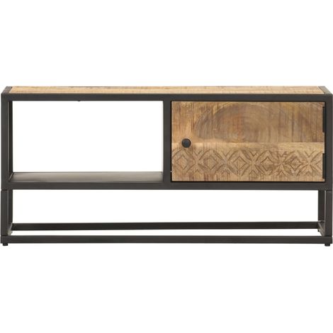 Meuble TV Banc TV Armoire TV avec porte sculptée 90x30x40 cm Bois de manguier brut (1/5)