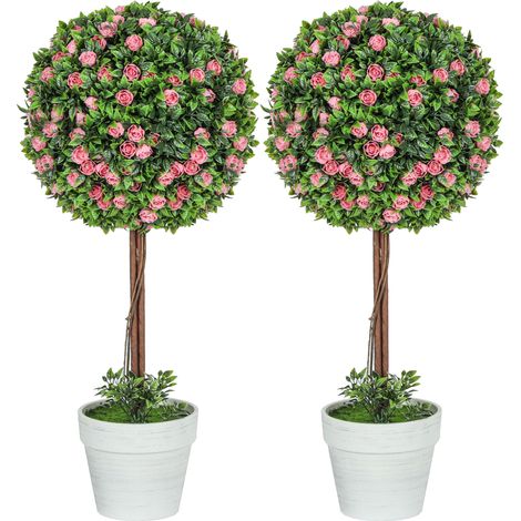 HOMCOM Set of 2 Artificial Plants with Rose Flower in Pot, 60cm, Pink