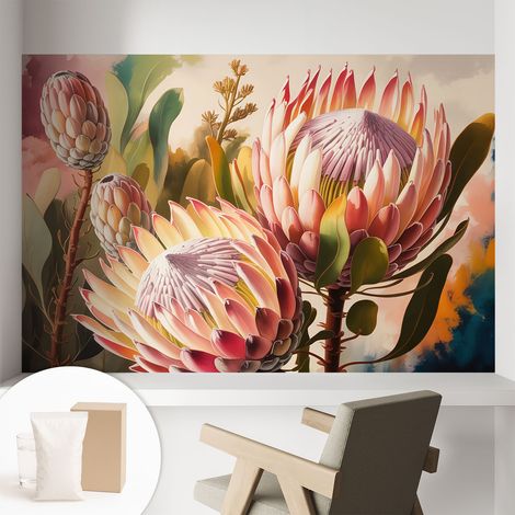 Papier peint intissé pour salon chambre à coucher peint imprimé Installation facile - Colle incluse gratuite Fleurs de protéa 104x70 cm (1/5)