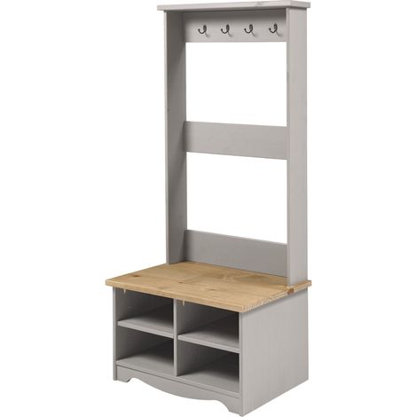 Hall Shoe Bench with Hat and Coat Rack - Pine - L44 x W80 x H170 cm - Grey/Antique Waxed Pine - Flat Packed