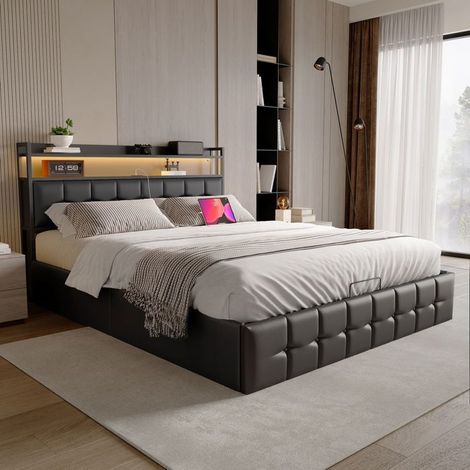 Lit - SOGEU - Lit Double 160 x 200 cm - Tête de lit rembourrée cuir PU noir - Éclairage LED intégré - Rangement intégré (1/5)