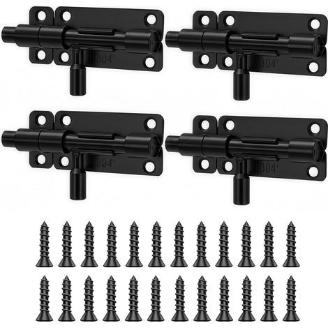 Verrou Porte Exterieur, en Acier Inoxydable 304, Lot de 4 Loquet Porte Exterieur avec Vis, Serrure Porte Coulissante pour Portail, Fenêtre et Clôture, Noire (1/5)