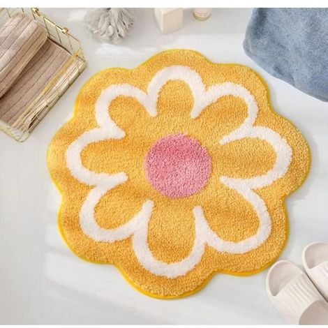 Joli tapis de bain, doux et moelleux, en forme de fleur, absorbant l'eau, antidérapant, salle de bain, 65 cm x 65 cm, jaune (1/4)