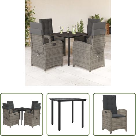 vidaXL Gartenessgruppe -  5-tlg. Garten-Essgruppe mit Kissen Grau Poly Rattan (1/5)