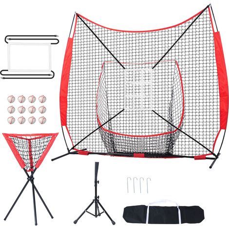 Baseball- und Softball-Trainingsnetz, 2,13 x 2,13 m, gebogener Rahmen, Schlagzone, 12 Bälle, Tee, Ballfänger inklusive (1/5)