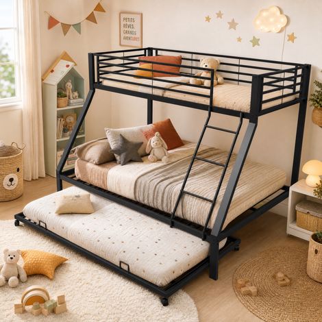 Lit superposé métal 204,5x146x160 cm noir avec lit gigogne, gain de place, sans matelas – MEUBLIV (1/5)