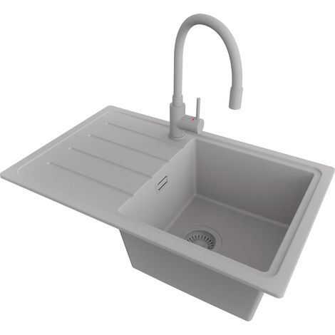 PRIMAGRAN Evier Cuisine en Granit 70x44cm,Lavabo 1 bac + Robinet 38x14cm + Kit de Vidage, Évier à Encastrer au meuble 45cm - Copenhague Easy, Gris (1/5)