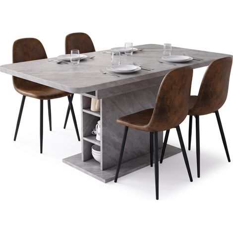 FurnitureR 5-Piece Dining Set, 110-130CM Grey Extendable Rectangular Table & 4 Brown Suede Chairs (1/5)