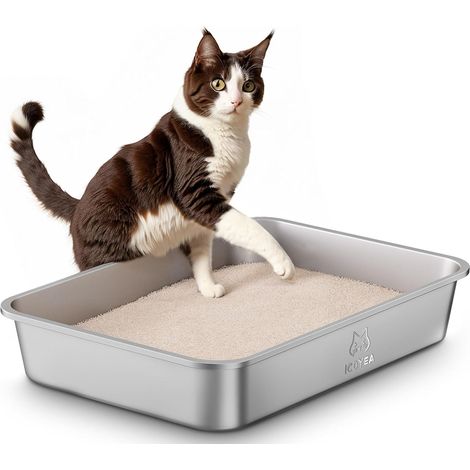1 Bac Litiere Inox 50x35x10cm Anti-Odeurs Surface Lisse Grands Chats Lapins