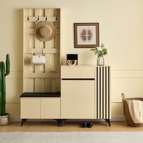 Garderobenmöbel mit Bank und Garderobe, 4 Haken, MDF, helles Holz HAVRYA (1/5)