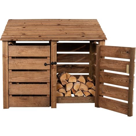 Slatted wooden log store with door W-146cm, H-126cm, D-88cm - brown finish (1/4)