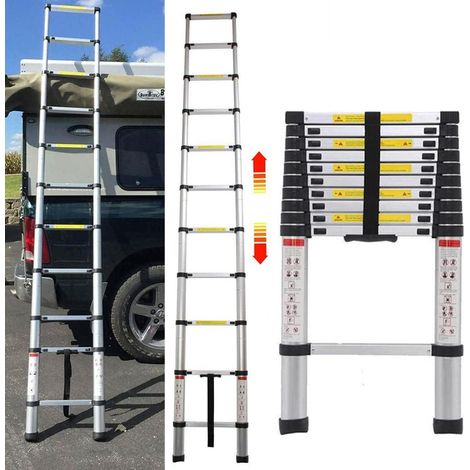 Échelle télescopique 3,2m Echelle Pliante Aluminium avec Le mécanisme de rétraction, Charge Maximale 150kg, Sûre et Solide, Extensible Ladder, Argent (1/5)