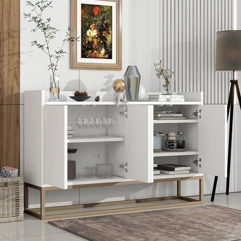 Buffet salle a manger, Buffet, Buffet cuisine, Meuble cuisine, Meuble rangement,  Meuble de Rangement à 4 Portes avec Étagères Ajustables et Design Élégant pour Cuisine, Salon et Entrée, Blanc (1/5)
