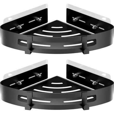2-teiliges Eckduschregal aus Aluminium, kein Bohren erforderlich, Eckduschregal mit Haken, Badezimmer-Organizer, ideal für Badezimmer, Küchen und Wohnzimmer (Schwarz)