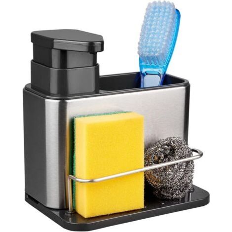 QORVA-Distributeur de savon pour évier de cuisine, porte-éponge 3 en 1, support d'égouttoir de plateau d'organisateur d'évier de cuisine en acier inoxydable