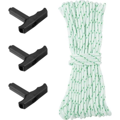 Cordon de Démarrage à Rappel avec 3Pcs Poignées de Démarrage, Corde de Démarrage en Nylon de 10 Mètres et 3,5 mm de Diamètre, Corde de Rappel de Démarrage, Blanc Vert (1/4)