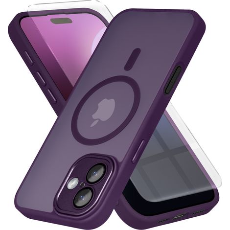 Custodia per iPhone 16 Plus, compatibile con MagSafe, finitura opaca, colore viola scuro + pellicola protettiva per lo schermo. (1/4)
