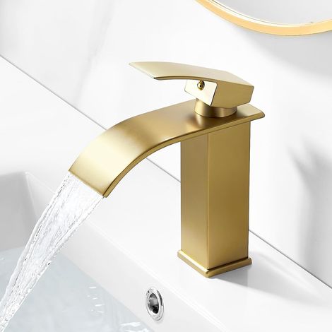 Robinet cascade salle de bain doré brossé, mitigeur en laiton sans tirette, hauteur sous bec 107 mm, style moderne et élégant pour vasque ou lavabo (1/5)
