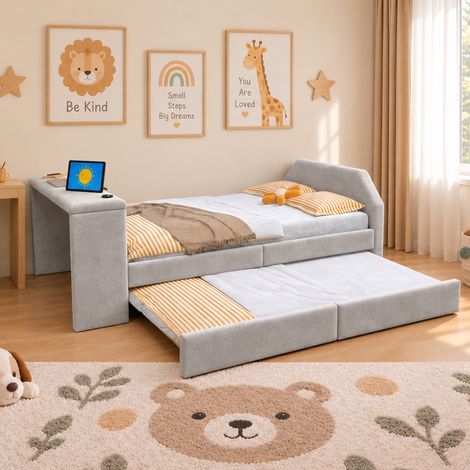 Lit enfant 90x200 cm, lit rembourré en velours gris avec lit gigogne, bureau intégré, port USB, 2 couchages, gain de place pour chambre enfant (1/5)