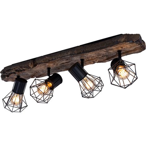 Plafoniera per casa di campagna faretto da soffitto marrone nero 4 fiamme lampada da soffitto effetto legno camera da letto metallo, schermi a griglia, 4x E27, LxLxA 78x15x24 cm