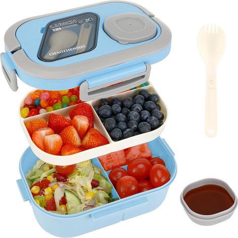 Bento Box Blu a Compartimenti con Cucchiaio, Contenitore per Alimenti Senza BPA per Pranzo e Insalata, Contenitore per Snack per Bambini e Adulti, Ideale per la Scuola e il Lavoro (1/5)