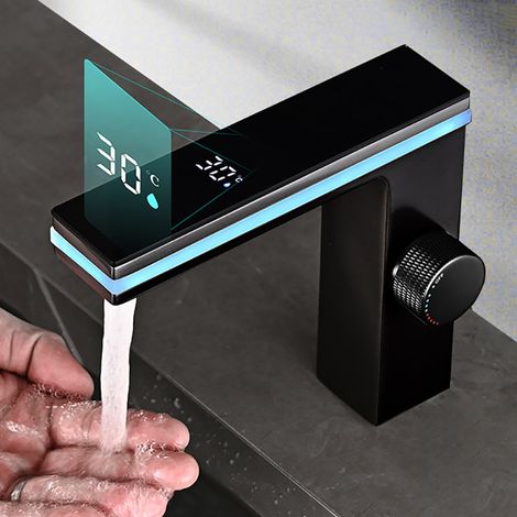 Robinet lavabo design à affichage numérique LED – Laiton robuste, fixation sur plan, eau chaude/froide, finition noir mat