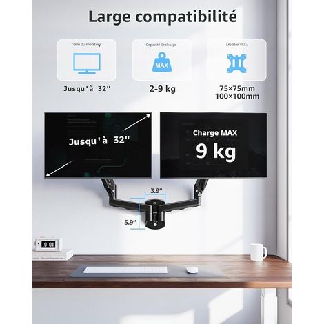 Mont mural double moniteur jusqu'à 32 pouces Écrans jusqu'à 9 kg VESA 75/100 mm avec ascenseur à gaz rotatif à 360°
