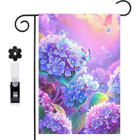 Drapeau de jardin 30 x 45 cm motif hortensias et papillon décoratif toile double face extérieure (1/5)