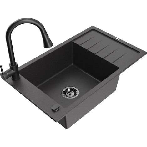 Mexen Elias fregadero de granito de 1 cubeta con escurridor y grifo de cocina Elia, negro moteado - 6511-76-670101-70-B (1/5)