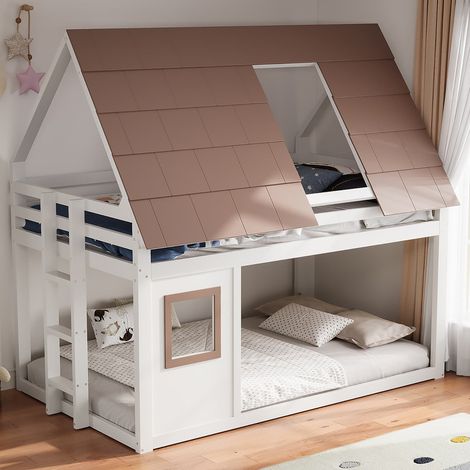 Lit Mezzanine en Bois 140x200 cm, Lit Superposé avec Maison et Toit, Lit Enfant 2 Place avec Échelle, Mezzanine Enfant Dormir et Jouer