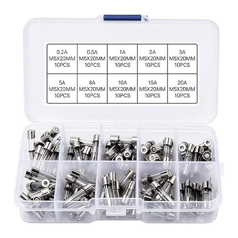 100 Pieces Fast Fusion Glass Fuse Set 5x20mm, Assorted Tube Fuses Kit 250V with Storage Box for Devices - 0.2A 0.5A 1A 2A 3A 5A 8A 10A 15A 20A (1/5)