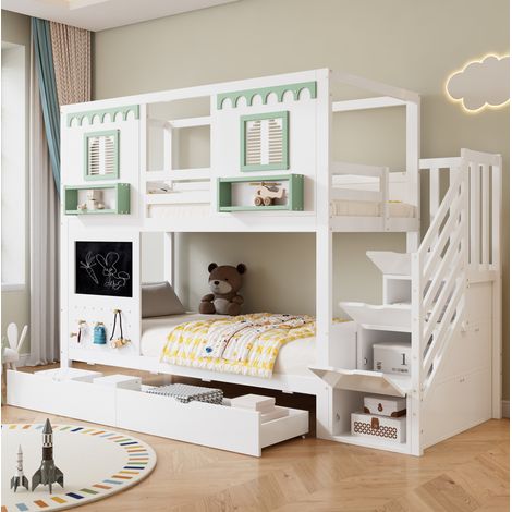 REDOM - Lit superposé enfant 90x200 avec escalier rangement, panneau perforé 5 crochets, bois, MDF blanc et vert (Sans matelas) (1/5)