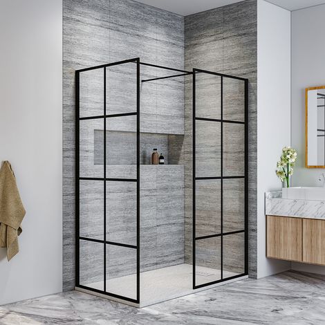 ELEGANT 800mm Black Framed with Glass Walk in Shower Enclosure Screen + 800mm Side Panel with 1400x800mm Anti-Slip Resin Shower Tray + Dotted Stainless steel drain cover (1/5)