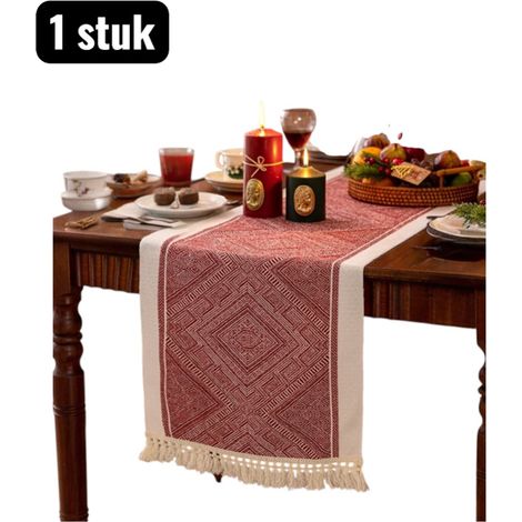 chemin de table - Chemin de table de Noël - Chemin de table - Chemin de table rouge imperméable à motif de Noël - 350 x 35 cm - Décoration de table pour les fêtes - Aspect lin et coton - Motif à carre (1/4)