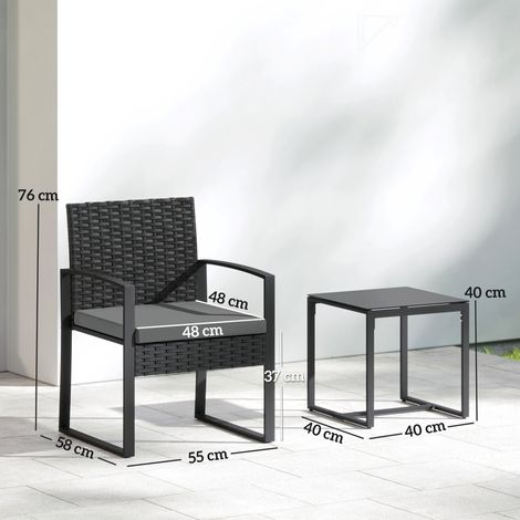 Rattan Bistroset, 3 teiliges Gartenmöbel-Set mit 2 Gartenstühlen, Couchtisch, abnehmbar Kissen Dunkelgrau (1/5)