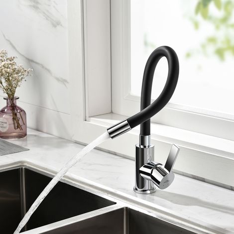Auralum Rubinetto Cucina Flessibile Nero, Rubinetto Lavello Cucina Girevole a 360°Miscelatore Cucina con Tubo Flessibile in Silicone, Rubinetti Cucina con aeratore a risparmio idrico (1/5)