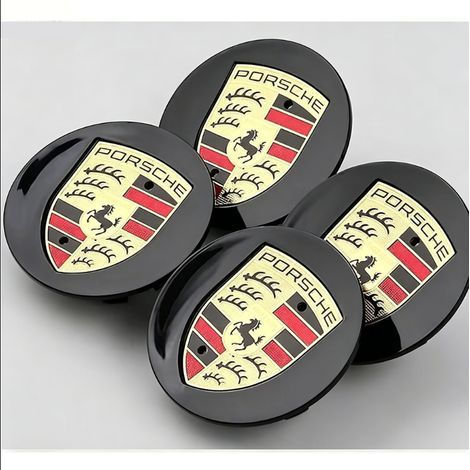 4 enjoliveurs de roue Porsche, noirs, incurvés, 76 mm, avec logo